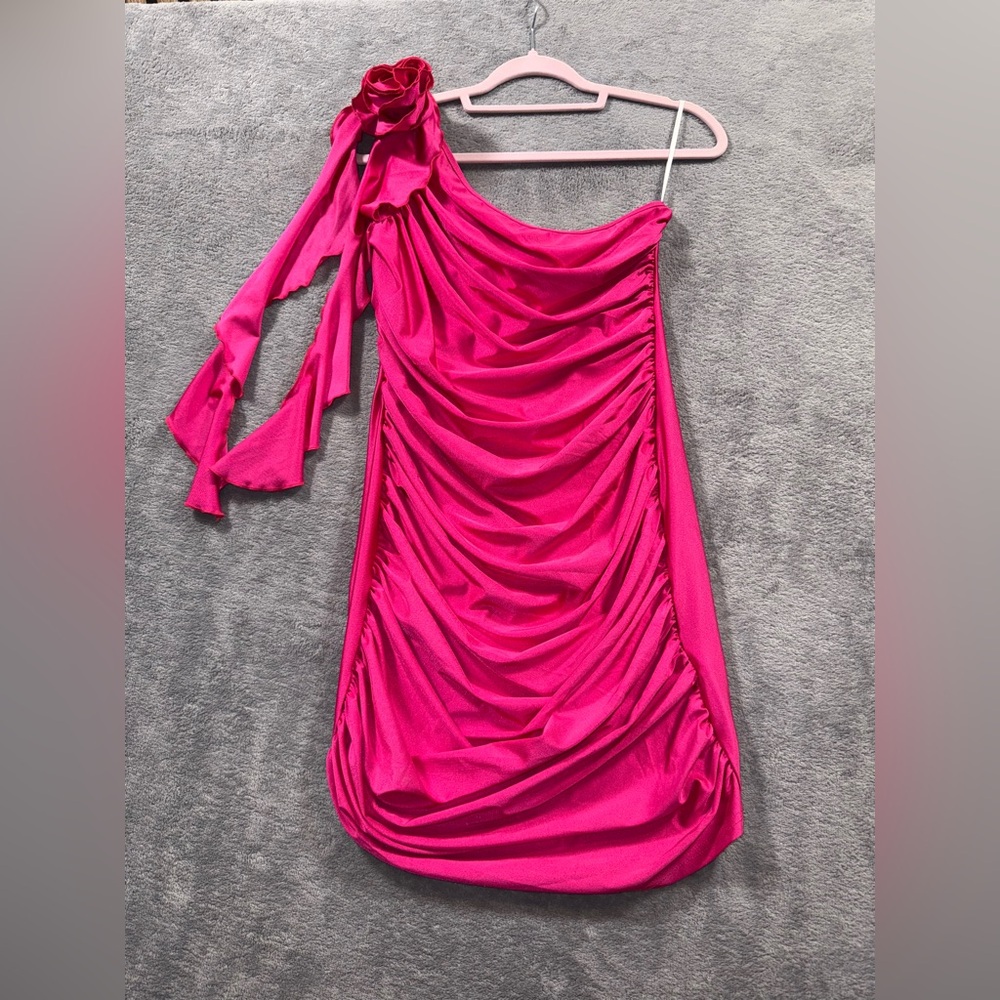 SHEIN Pink Asymmetrical Ruched One-Shoulder Dress